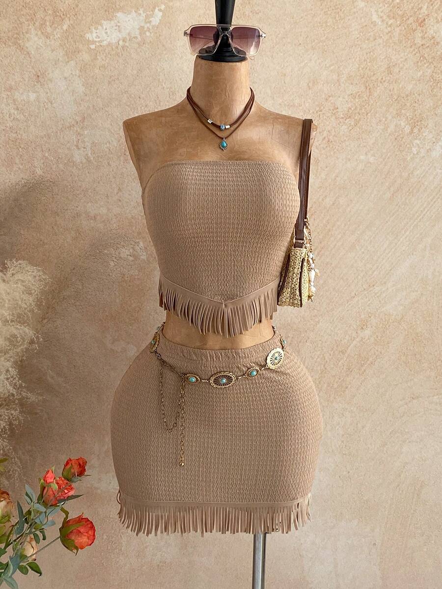 Soleia Women's Vacation 2-Piece Set: Textured Knit Fringed Bandeau Top + Textured Knit Fringed Mini Skirt, Casual Outfit For Vacation, Date, Afternoon Tea, Beach, Cruise, City Trip, Music Festival, Party, Boho, Hippie, Western, Daily Commute - Khaki - View 1