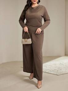 Modelyn Plus Size Women's Loose Shoulder Drop Shoulder Elegant Arabic Style Set - Brown - View 4