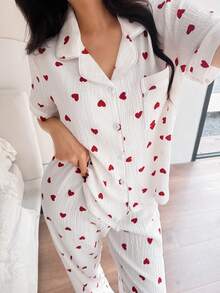 SHEIN Casual Underwear&Sleepwear 心形印花翻领短袖女士睡衣套装 - 白色 - 查看 4