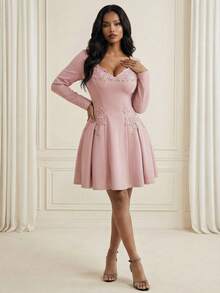 Anewsta Women's New Elegant Lace Applique Puff Sleeve Blue Dress - Pink - View 4