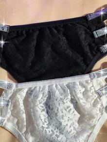 2pcs Women's Shiny Ribbon Hollow Lace Trim Thong Panties Set, Lingerie For Women,Sexy,Valentine's Day,Wedding - Black and White - View 4