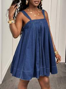 Slaydiva Women's Casual Vacation Flowy Hem Denim Cami Dress, Suitable For Daily Commute - Blue - View 5