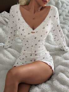 SHEIN Women's Long Sleeve Floral Print Contrast Lace Trim Fitted Jumpsuit Pajamas - White - View 4