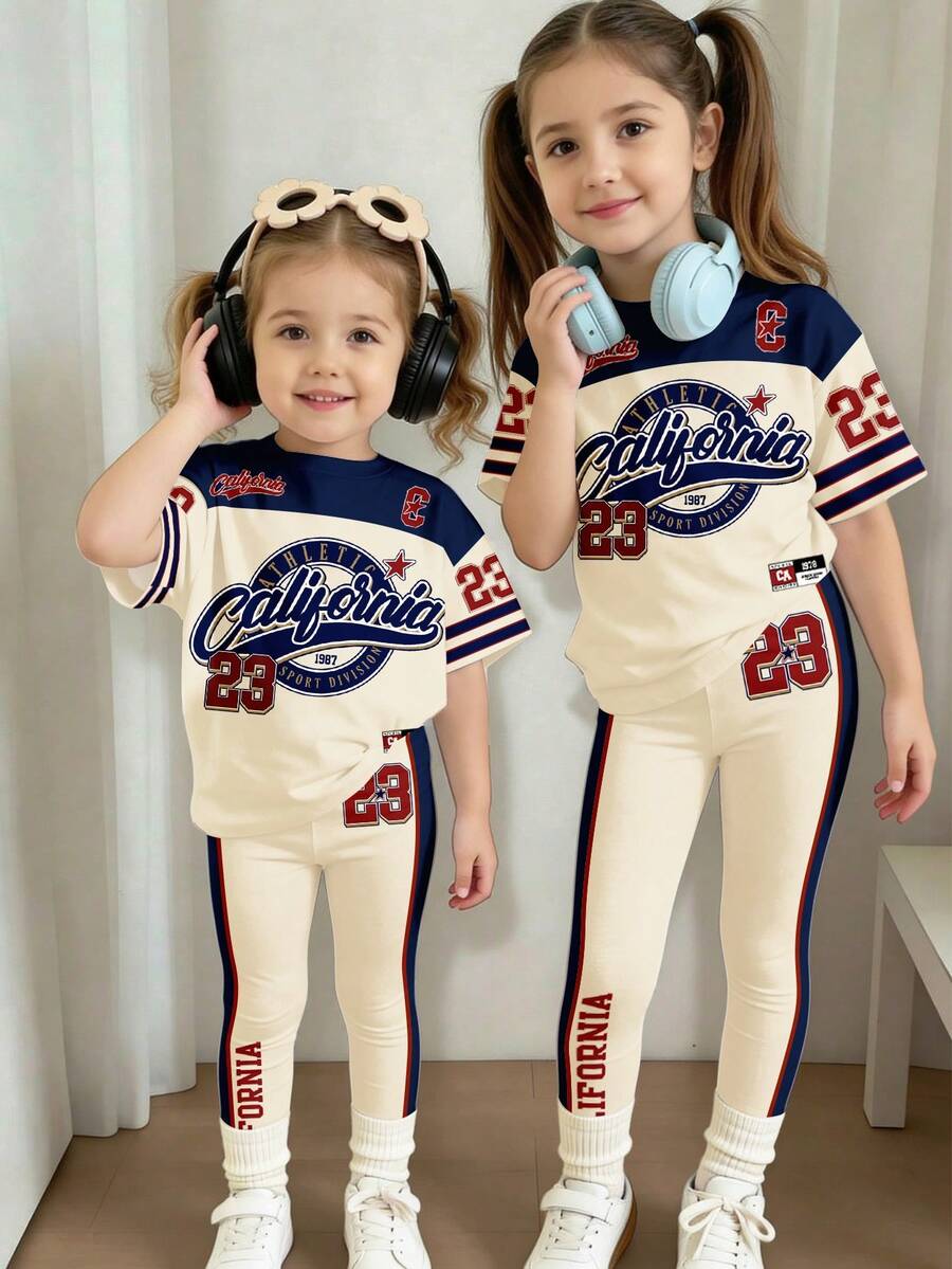 SHEIN 女婴字母数字印花圆领短袖T恤和打底裤休闲套装，适合春夏运动、休闲、上学、街头、派对、日常、度假等场合。 - 彩色 - 查看 1