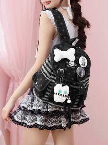 ROMWE Grunge Punk 朋克风猫爪、骨头、星星印花撞色多口袋黑色背包，时尚休闲男女通用大容量包，适合通勤、上学等场合。 - 黑灰色 - 查看 6