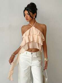 Aloruh 女士优雅系带露背荷叶边下摆沙滩度假短款上衣，夏季女士，春季女士，沙滩女士，外出上衣，女士度假，假日上衣 - 淺粉色 - 查看 7