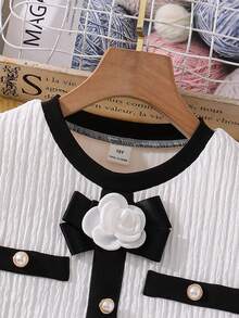 SHEIN 2pcs/Set Tween Girls Knitted Pearl Button Black And White Contrast Color Set,Elegant Summer Tea Party Outfit For Birthday,Dining,Holiday,Leisure - White - View 6