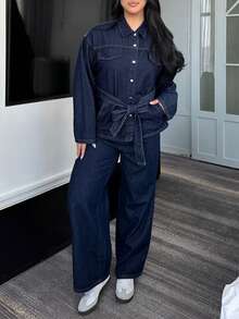 Dazy Plus Bộ đồ denim 2 mảnh dành cho nữ cỡ lớn, áo denim dài tay dáng rộng và quần jeans ống đứng, thích hợp cho mùa xuân/thu. - Rửa tối - Xem 8