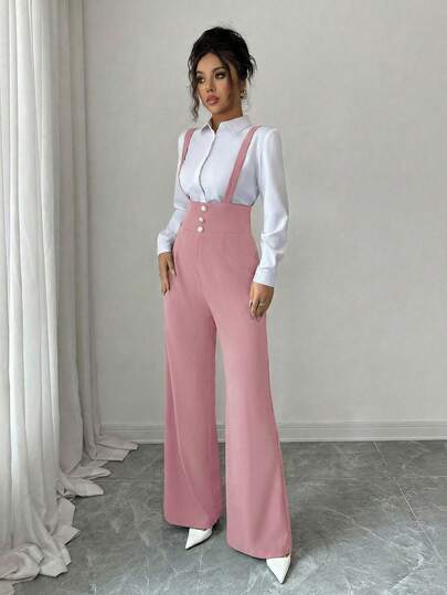 Elenzga Women's Elegant Romantic Straight Leg Pants With Suspender Waist And Button Decor