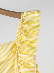 Girls' Cute Yellow Striped Dress,Summer Holiday Bow Decoration Ruffle Edge Hem Button Loose Comfortable Soft Design For Tea Party,Daily Wear,School - Multicolor - View 7
