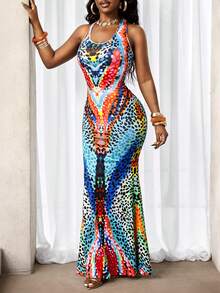 SHEIN BamGlam Women's Positioning Print Sexy Vacation Dress - Multicolor - View 4