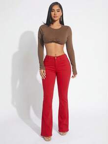 SHEIN SXY 女士纽扣腰休闲百搭喇叭牛仔裤 - 紅色 - 查看 4