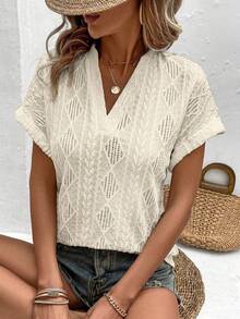 EMERY ROSE Women's Vacation Geometric Textured V-Neck Short Sleeve Casual T-Shirt - Apricot - View 7