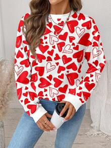 SHEIN LUNE Casual Minimalist Valentine's Day Atmosphere Heart Print Round Neck Loose Fit Women Sweatshirt, Suitable For Outings, Family Wear, Sisters Matching, Chic, Commuting, Weddings, Parties - Multicolor - View 7
