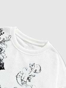 ROMWE MEN Men's Casual Letter & Cross Print Round Neck Short Sleeve T-Shirt, Summer - White - View 4