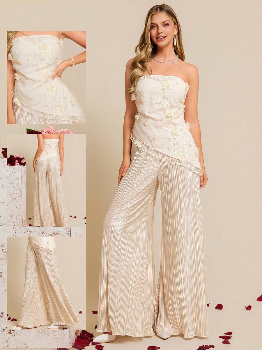 Amorya Bộ đồ nữ thanh lịch mới gồm áo quây và quần ống rộng xếp ly, thích hợp cho buổi hẹn hò ngày Valentine.