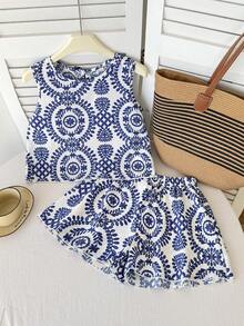 SHEIN 少女度假印花无袖套头衫和直筒短裤休闲套装 - 藍色 - 查看 3