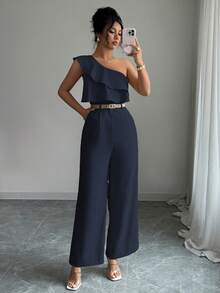 Elenzga Women's Vacation Style Office Commute Beach Party Oblique Shoulder Double Ruffle Waist Straight Leg Loose Jumpsuit, Spring/Summer - Navy Blue - View 4