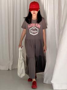 Dazy Kids Tween Girl Round Neck Letter & Number Print Casual Everyday Vacation Cake Dress - Grey - View 4