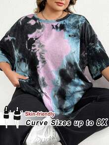 SHEIN CURVE+ Áo thun vai trễ vai vá chữ nhuộm loang màu, Mùa hè/2026/Năm mới - Nhiều màu - Xem 10