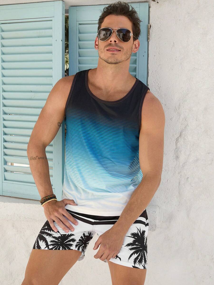 VIVINTIMO 男士條紋印花圓領休閑背心夏季，無袖圖形條紋藍色漸變背心適用於假期海灘 - 藍色 - 查看 1