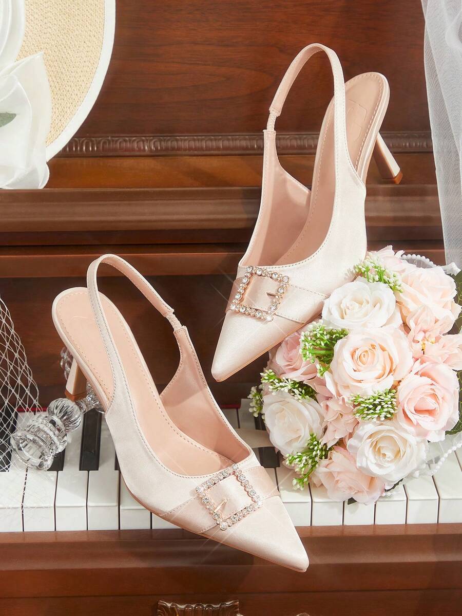 CUCCOO HITCHD Women's Pointed Toe Rhinestone Buckle Design Everyday Versatile Fashion High Heels Valentine's Day Elegant Shoes - Rose Gold - View 1