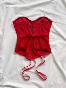 Soleia Spring/Summer New Casual Vacation Western Beach Wedding Guest Attire Graduation Brunch Women's Outfit, St. Patrick's Day Spring Break Easter Music Festival Elegant Boho Tropical Romantic Valentine's Day Party Bow Tie Back Lace Trim Camisole Top, Red - Red - View 2