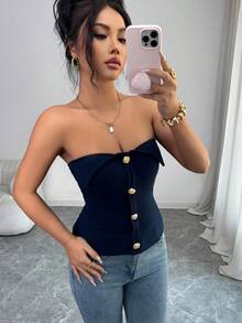 Elenzga Women's Fashionable & Elegant Button Decor Camisole Top, Summer - Navy Blue - View 1