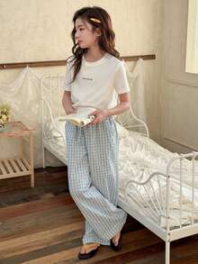 DAZY Tween Girl Letter Print Round Neck Short Sleeve Top And Plaid Print Pants Pajama Set - Blue - View 5