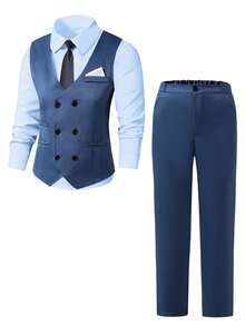 两件套青少年男士绅士套装，包括修身撞色马甲和蓝色西裤，优雅正式的西装，适合生日、婚礼、婚礼宾客、花童、戒指童等场合。 - 寶藍色 - 查看 8