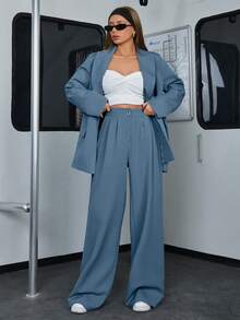 EURMUSE 女士宽松纯色撞色翻领长袖双排扣外套和裤子休闲套装 - 霧霾藍 - 查看 5