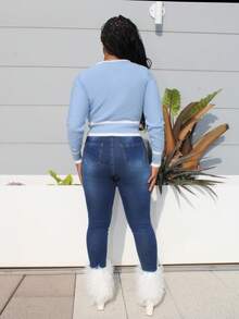 Steph T Autumn/Winter Casual Business Color Block Trim Cardigan,Long Sleeve Tops - Blue - View 2