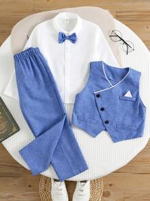 SHEIN 三件套男童绅士套装：蓝色松紧腰背心、斜襟长袖衬衫和领结，适合春夏穿着。 - 藍色 - 查看 4