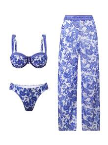 Swim Oasis 3件套女士复古比基尼套装，吊带比基尼上衣+长裤，中国风复古度假泳装套装 - 藍白色 - 查看 1