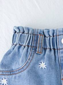 SHEIN Baby GirlCasual Loose Waist Ruffle Denim Shorts, Black - Medium Wash - View 7