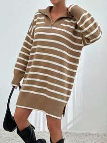 EURMUSE Women Blue And White Striped Knit Design Knit Dress With Zipper Detail Brunch Autumn French Casual - Camel - View 5