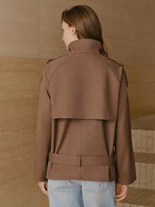 Anewsta Women's Casual Fashion Daily Commute High Collar Double-Breasted Buckle Belted Trench Coat, Autumn - Brown - View 2