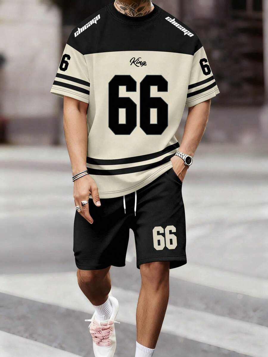 Aesthetic Post 男士休闲运动风数字字母印花撞色短袖T恤和抽绳短裤套装，夏季 - 彩色 - 查看 1