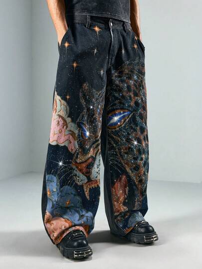ROMWE MEN Street Life Men's Casual Fashion Street Leopard Rhinestone Faux Print Loose Relaxed Fit Distressed Jeans