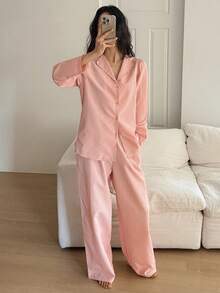 DAZY 2pcs Women Striped Textured Fabric Embroidered Ruffle Trim Puff Sleeve Pajama Set - Pink - View 4