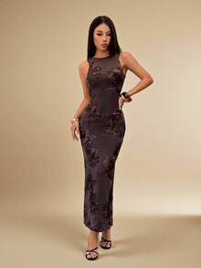 SHEIN PETITE 女士性感花卉重工刺绣露背系带派对连衣裙，简约优雅，适合派对、聚会、约会、外出等场合 - 棕色 - 查看 4