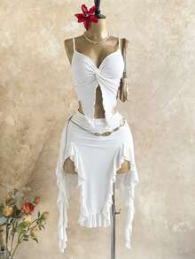 Soleia 女士纯色荷叶边吊带上衣和迷你裙两件套 - 白色 - 查看 10