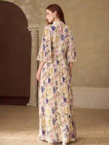 MOTF PREMIUM WOMEN'S PLEATED LOOSE ELEGANT PRINTED LONG DRESS, SPRING/SUMMER - Apricot - View 6