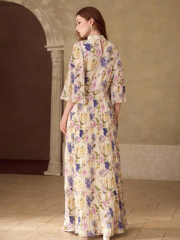 WOMEN'S PLEATED LOOSE ELEGANT PRINTED LONG DRESS, SPRING/SUMMER