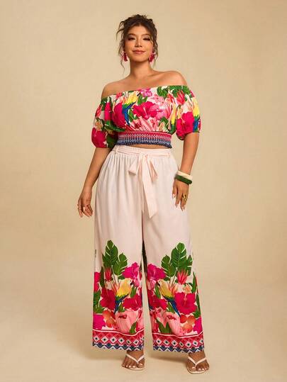 Travachic Plus Size Off-Shoulder Short Sleeve Top And Loose Pants 2 Pieces Set