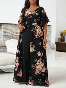 EMERY ROSE Bộ jumpsuit ống rộng tay bồng in hoa thanh lịch dành cho nữ cỡ lớn, kiểu dáng nghỉ dưỡng. - Nhiều màu - Xem 3
