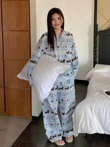 Dazy Plus Cute Cartoon Print Loose Cardigan Top And Pajama Pants Sleepwear Set, Suitable For Spring And Autumn - Blue - View 1