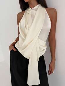 Aloruh Minimalist High-End Neck Hanging Drape Design Collar Fitted Satin Apricot Women Tank Top - Apricot - View 3