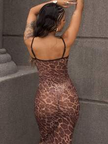 全新性感豹纹网眼吊带裙，修身版型，长款 - 棕色 - 查看 2