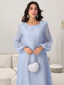 Al Najma Abito elegante e romantico con scollo tondo, maniche a lanterna, decorato con perle e fiori 3D, con gonna ampia, adatto per la primavera/estate - Blu - Visualizzare 5